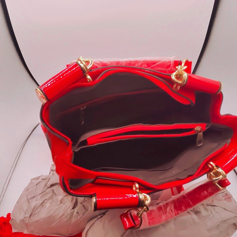 Glam Red Patent Leather Satchel Gold Sequin Floral Embroidery Bag - Picture 6 of 6